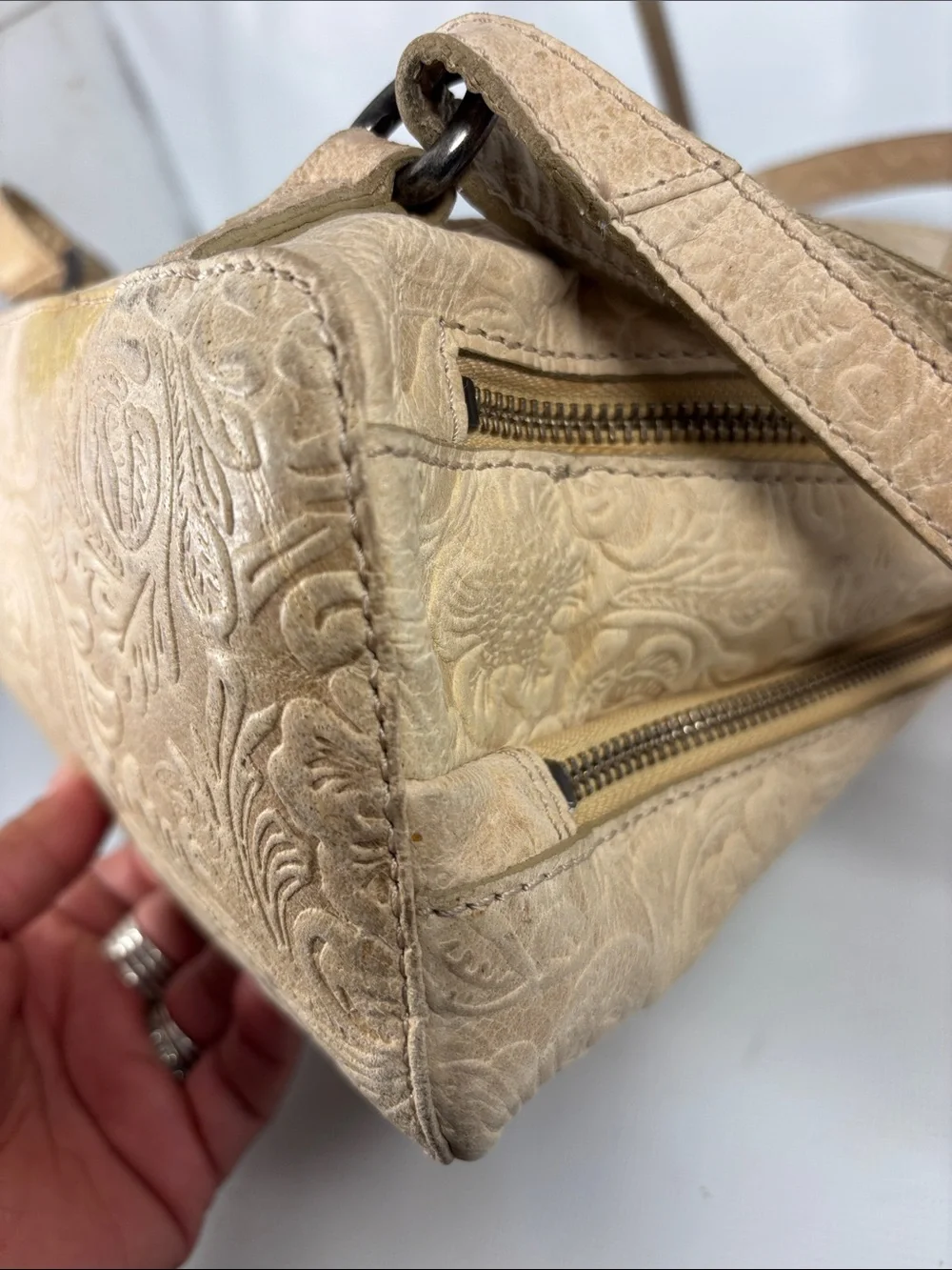 Wild West Beige Floral Embossed Leather Backpack